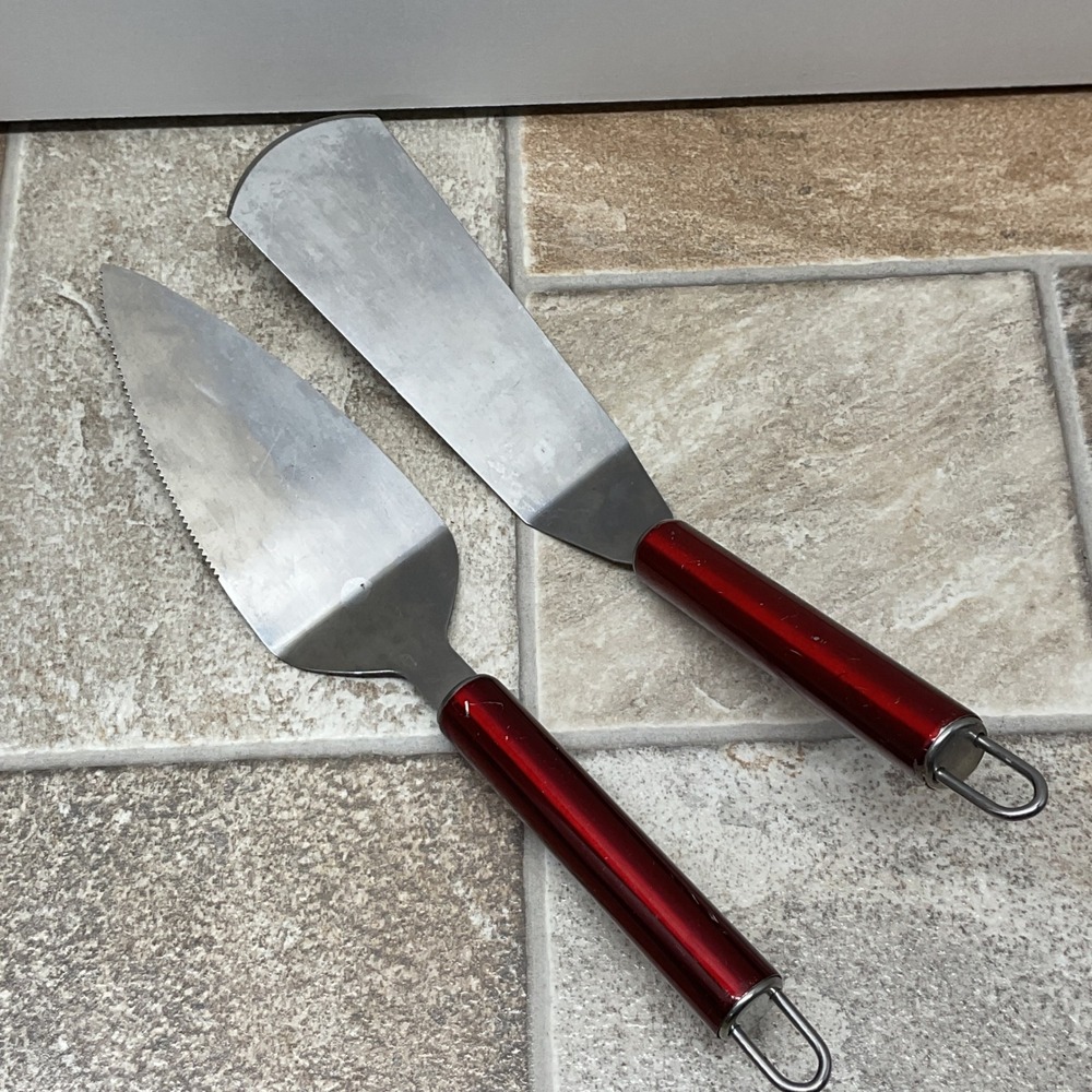 Stainless Steel Pie Server and Spatula Set Metallic Red Handles 2 Piece